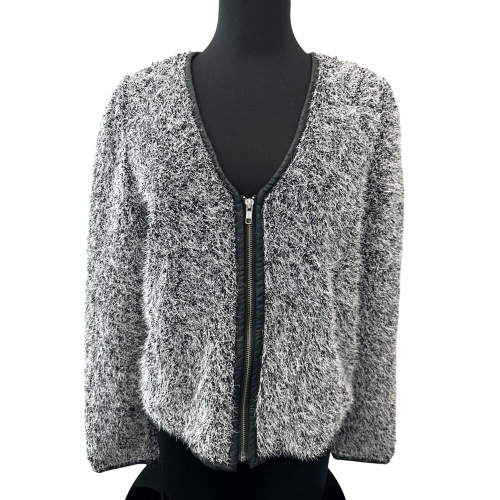 TROUVE Fuzzy Textured Cropped Jacket Gray Black Zip Front Moto Biker Large - Picture 3 of 9